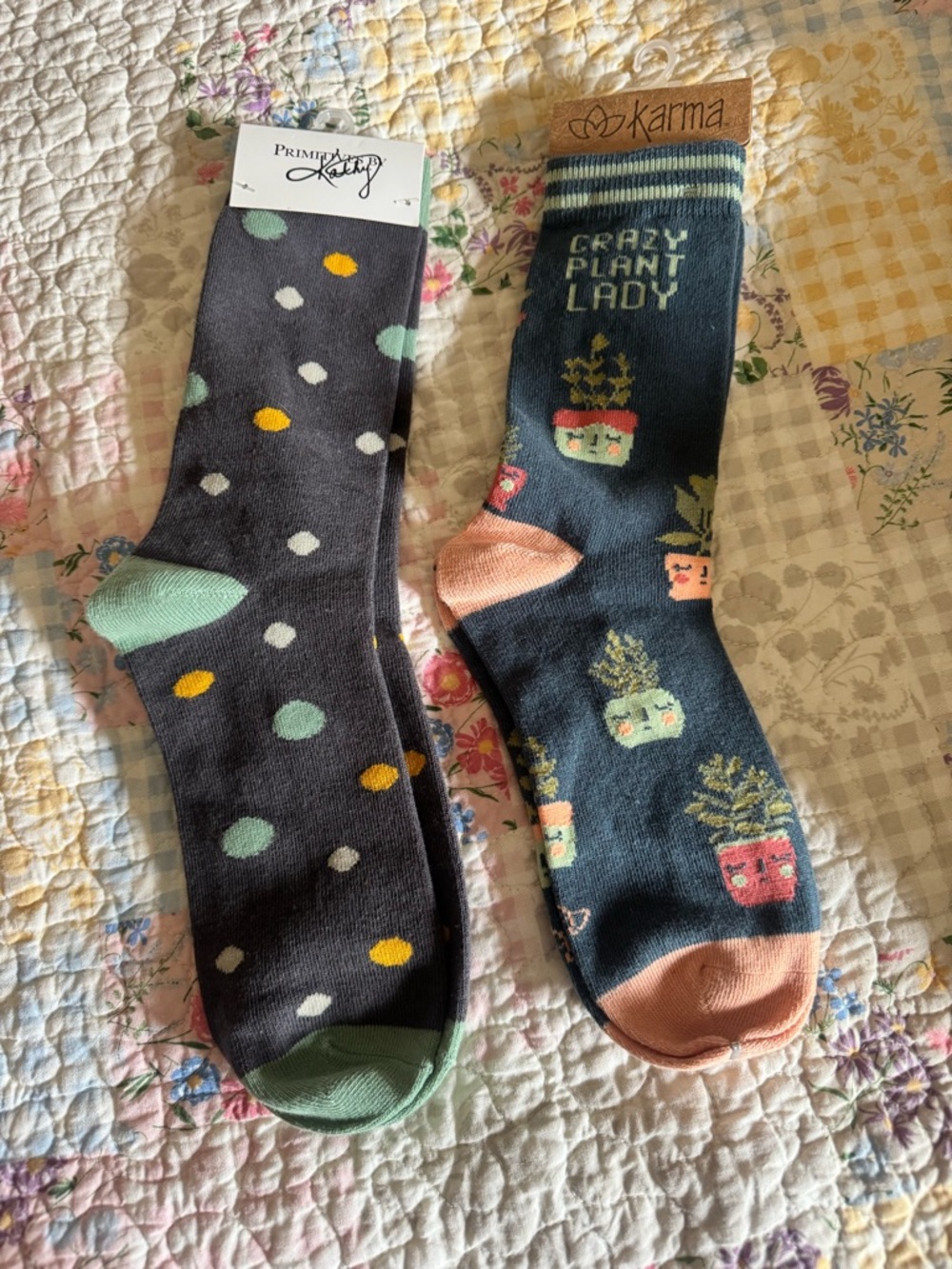 Karma Crazy Plant Lady Crew Socks in Navy with Peach Accents